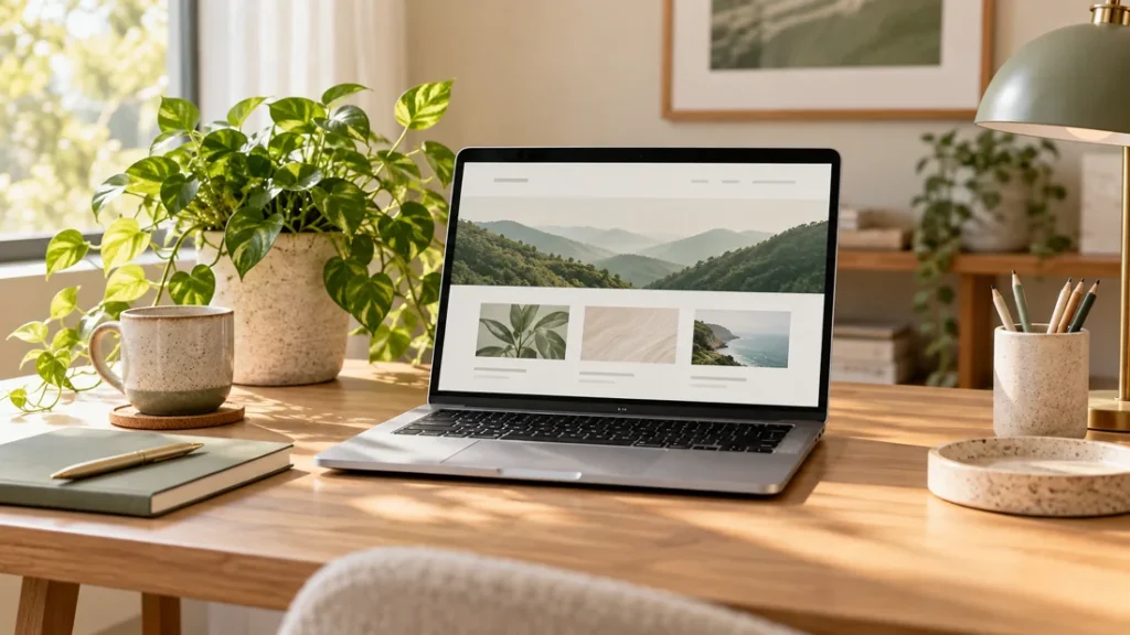 Laptop displaying a website on a bright desk with plants